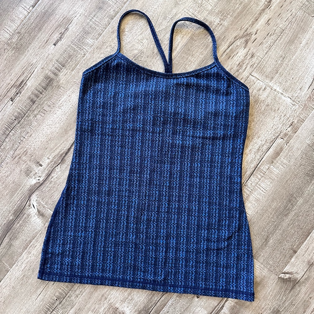 Lululemon ATHLETICA Power Y Tank Top Black & Blue Herringbone Pattern Sz 10